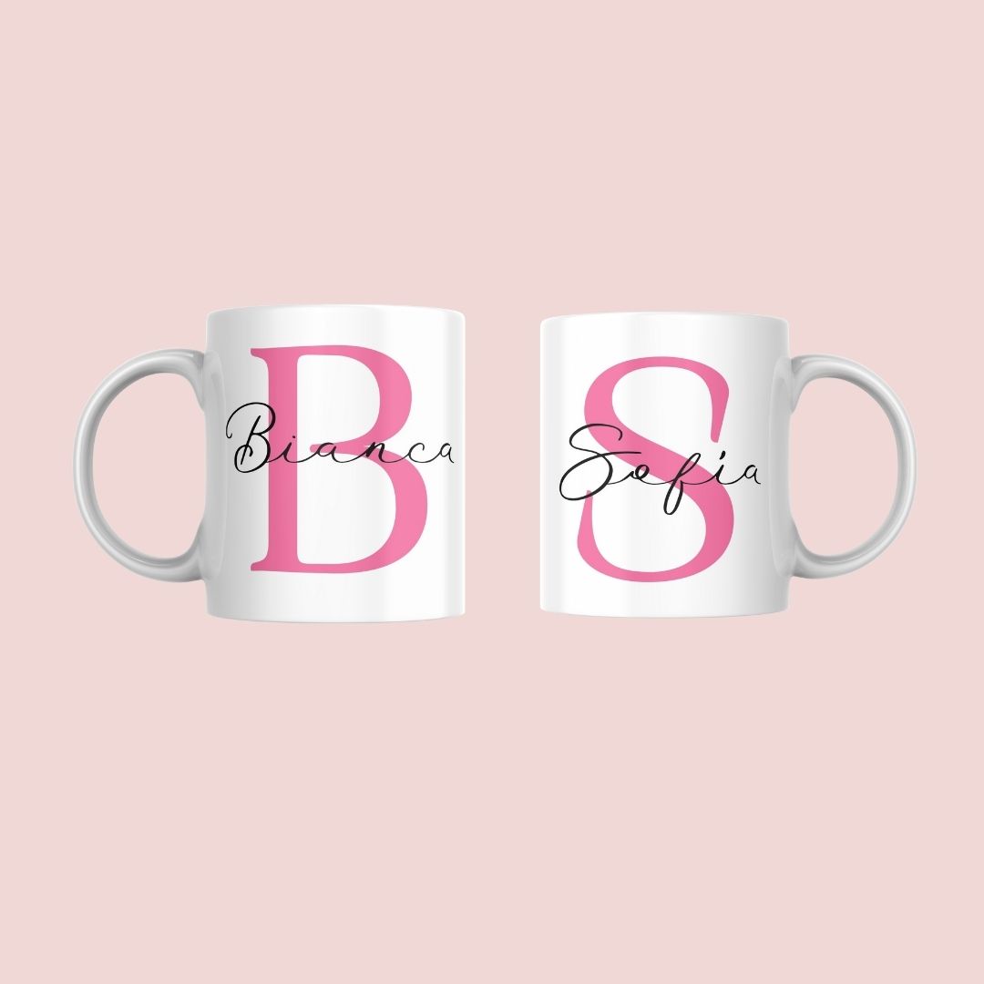 Taza Inicial rosa con nombre personalizable