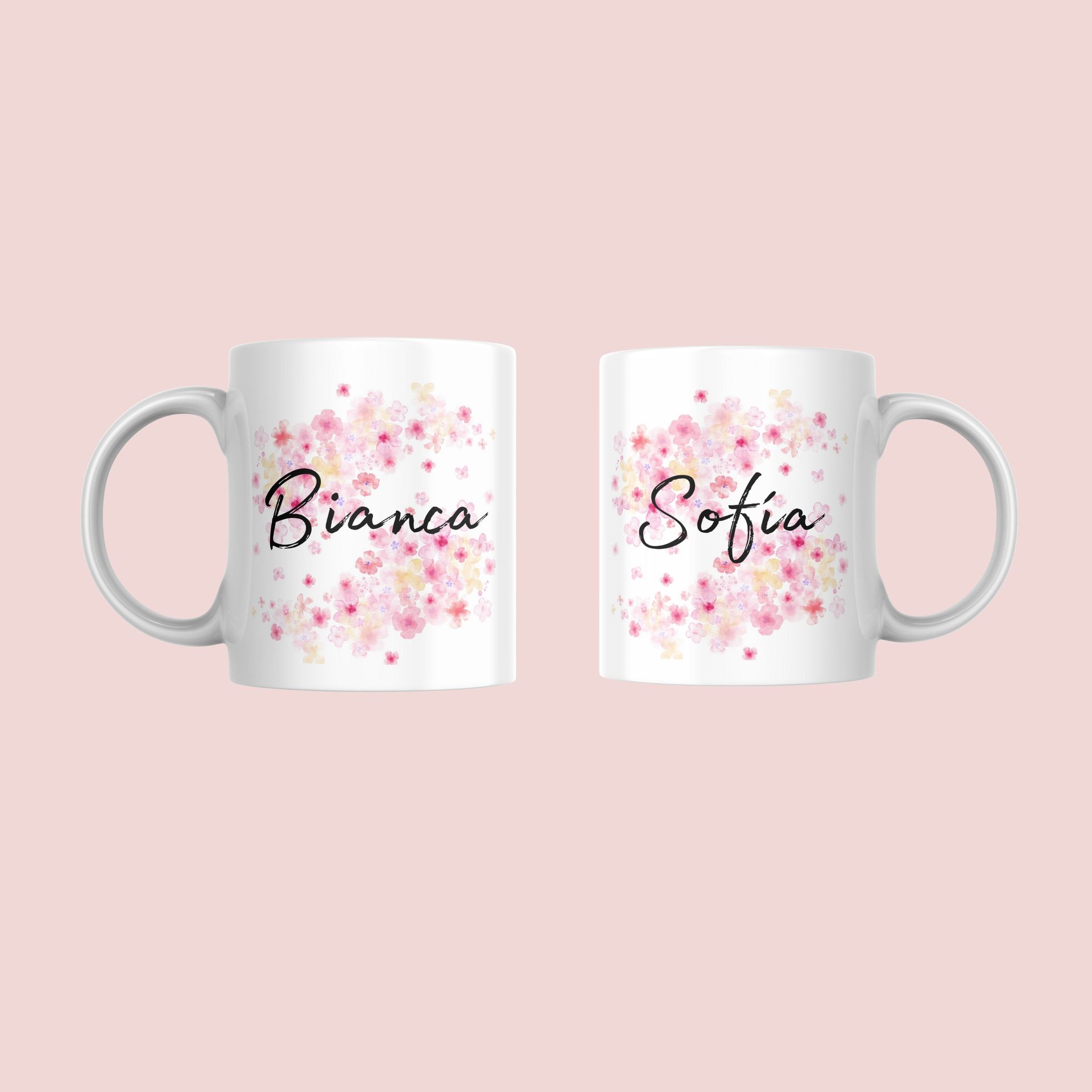 Taza con nombre personalizable y fondo floral
