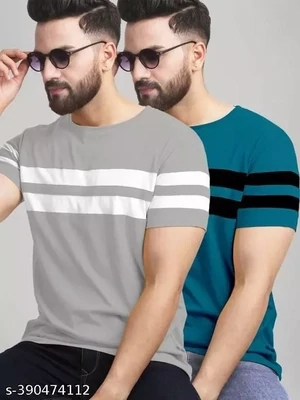 Men&#39;s Half T-shirt  Cotton Blend (RoseGold &amp; Teal Blue) Casual Wear Striped T-shirts Combo Pack Of 2