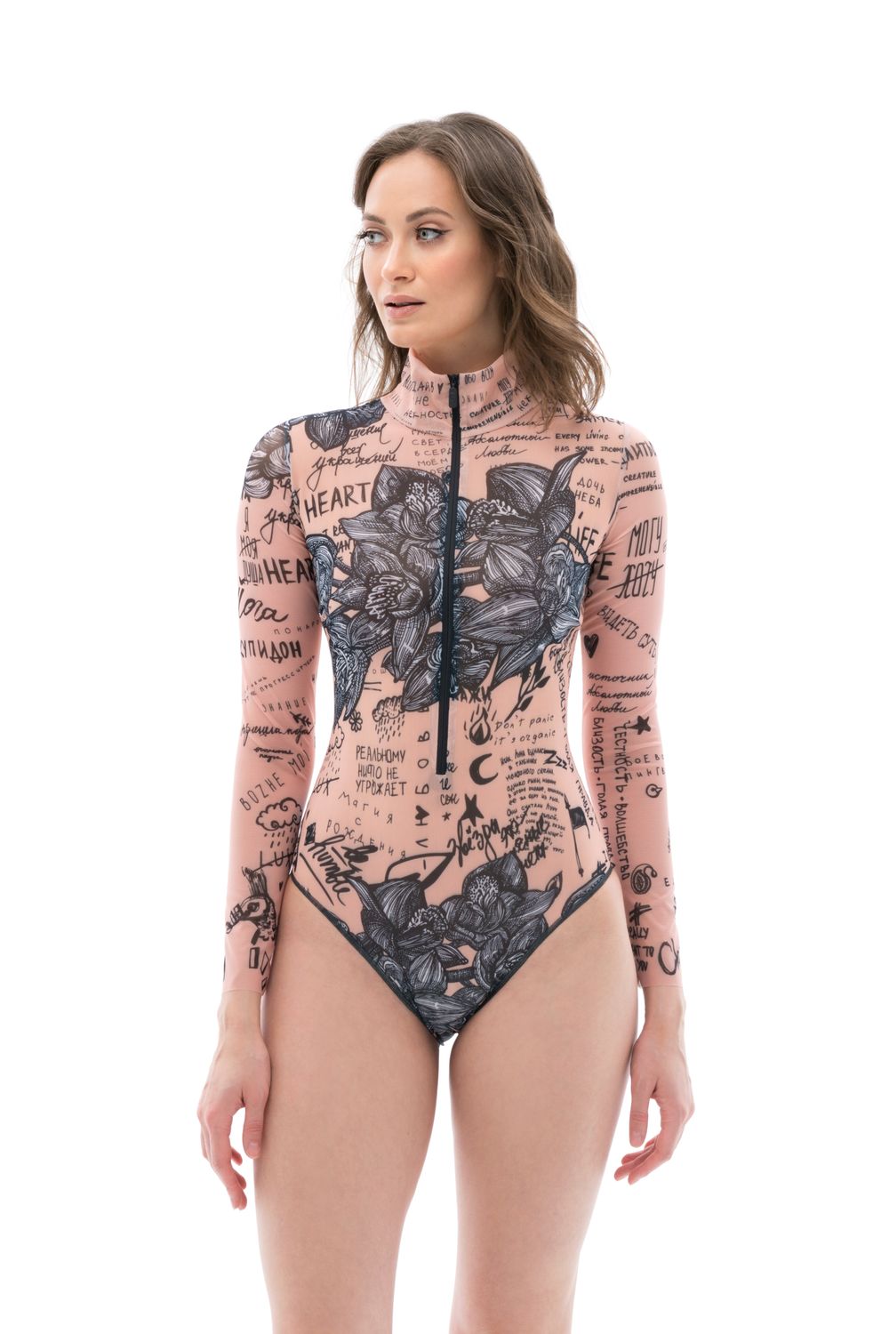 Zipper swimsuit with sleeves &quot;Nude&quot;