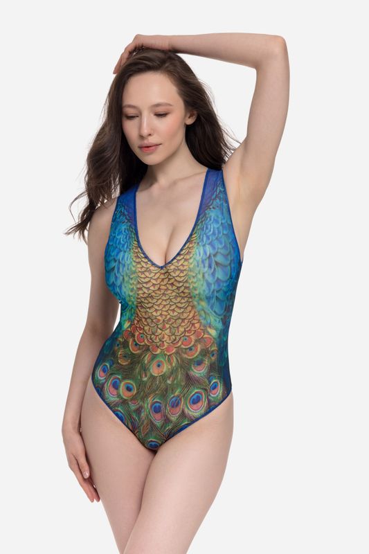 Sleeveless Swimsuit with V-Neck "Peacock Mayura"