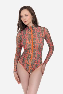 Zipper swimsuit with sleeves &quot;Crocodile Orange pattern&quot;