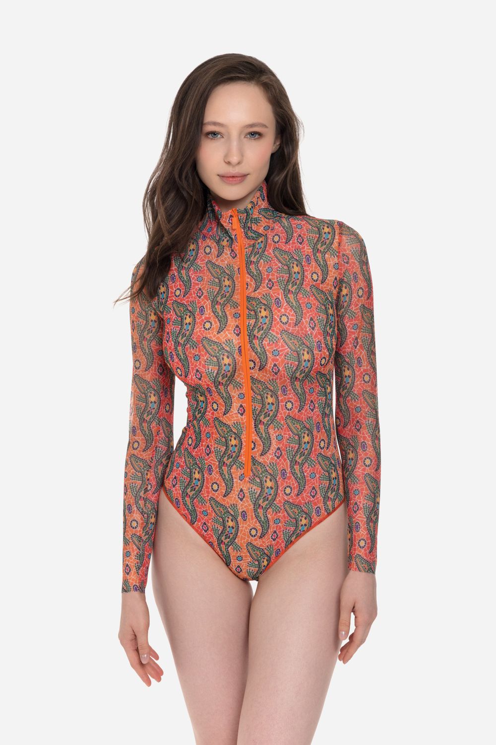 Zipper swimsuit with sleeves &quot;Crocodile Orange pattern&quot;