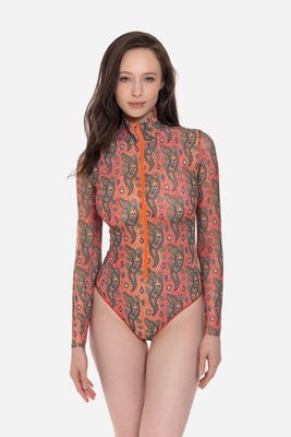 Zipper swimsuit with sleeves &quot;Crocodile Orange pattern&quot;