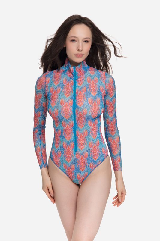 Zipper swimsuit with sleeves "Lobster pattern"