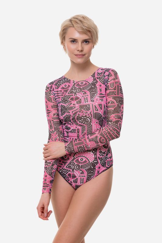 Closed Back One-piece Swimsuit with Sleeves "Doodling Fucsia" (TALL)