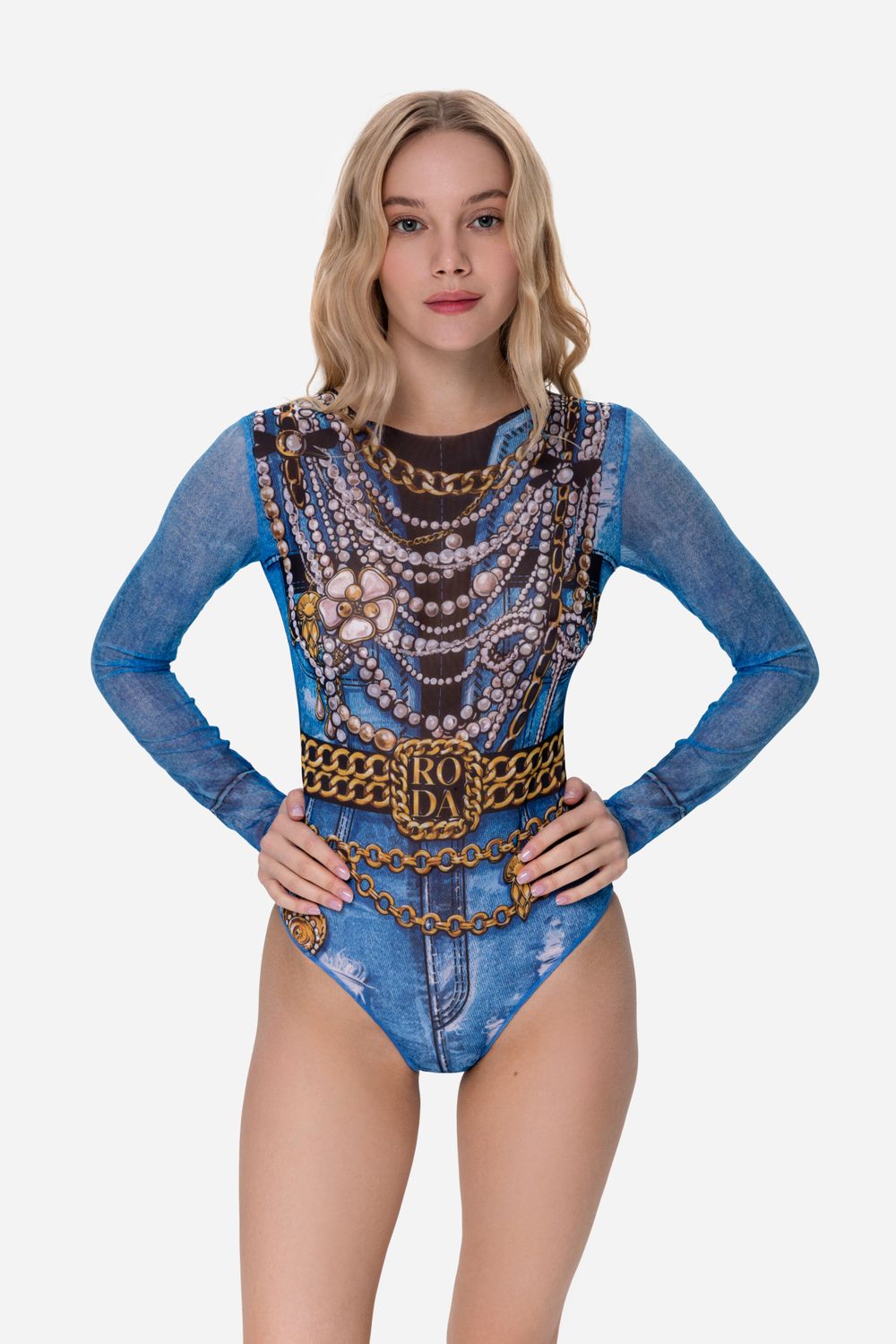 Closed Back One-piece Swimsuit with Sleeves &quot;Jeans&quot;