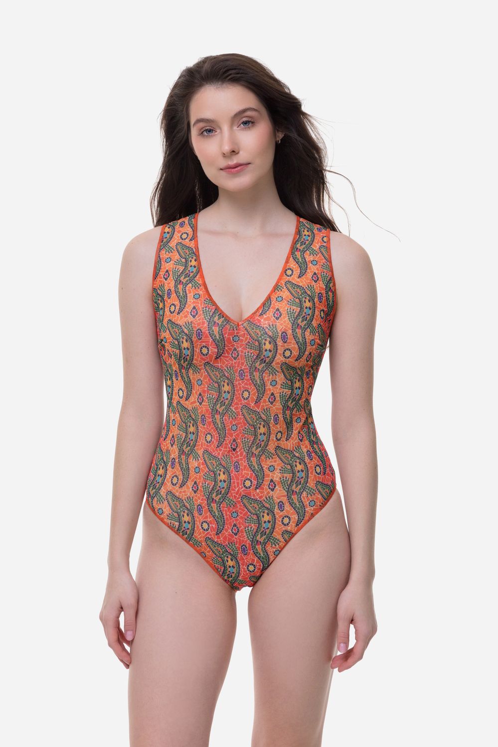 Sleeveless Swimsuit with V-Neck &quot;Crocodile Orange pattern&quot;