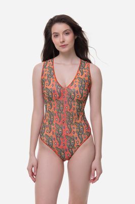 Sleeveless Swimsuit with V-Neck &quot;Crocodile Orange pattern&quot;