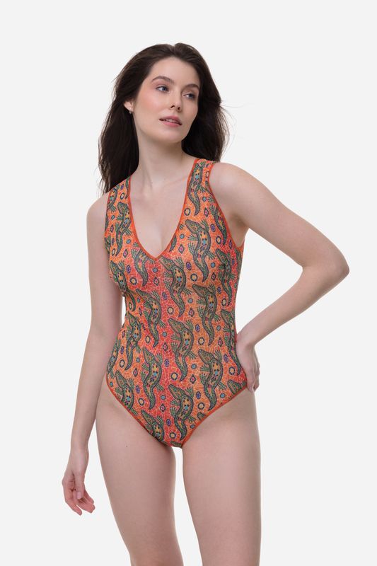 Sleeveless Swimsuit with V-Neck "Crocodile Orange pattern"