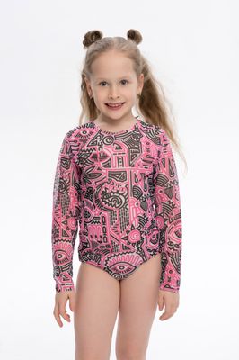 KID&#39;s Closed Back One-piece Swimsuit with Sleeves &quot;Doodling Fucsia&quot;