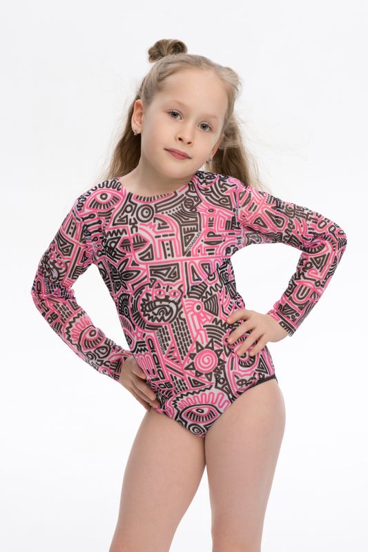 KID's Closed Back One-piece Swimsuit with Sleeves "Doodling Fucsia"