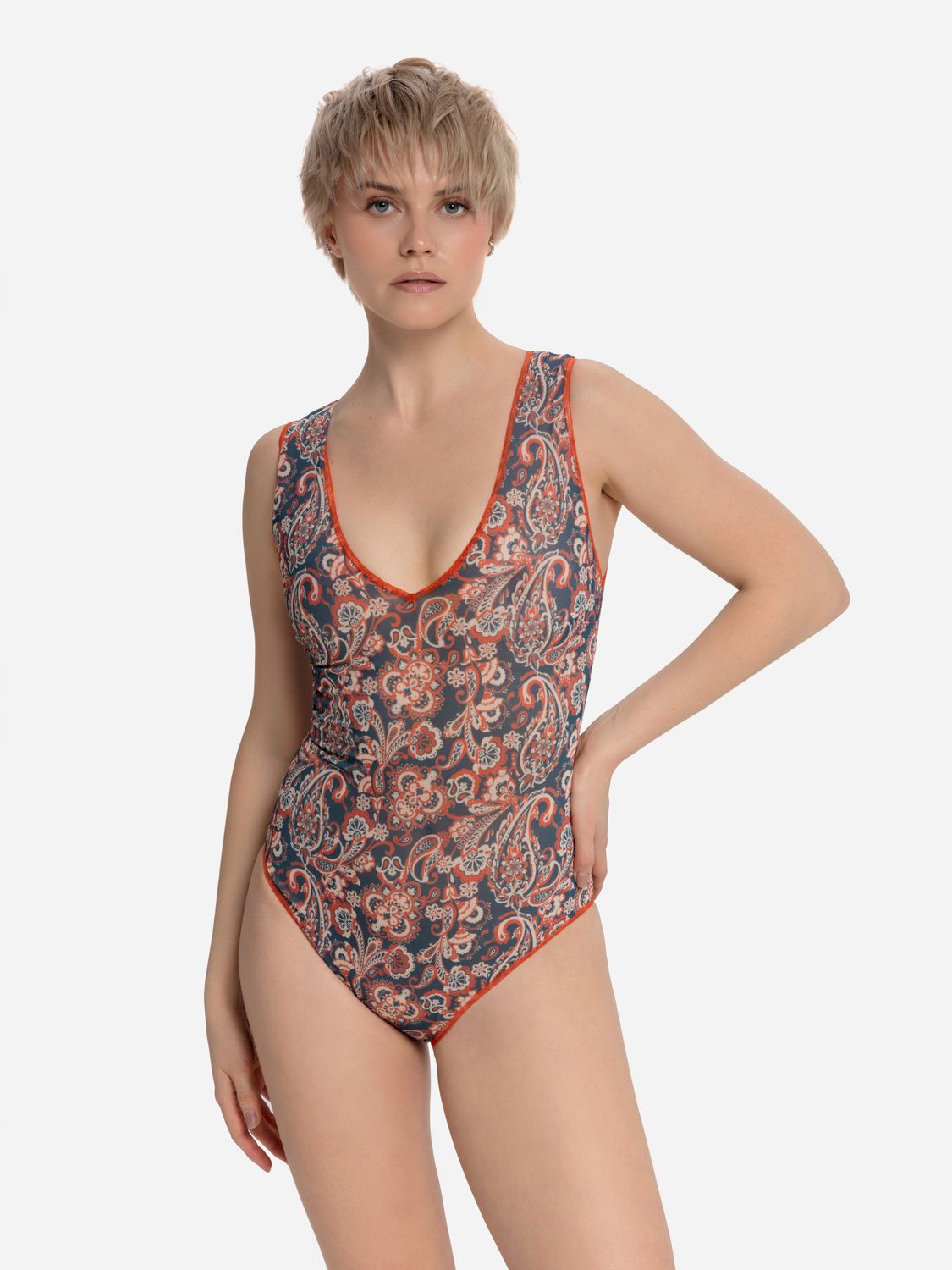 Sleeveless Swimsuit with V-Neck &quot;Peisley Blue-Red&quot;