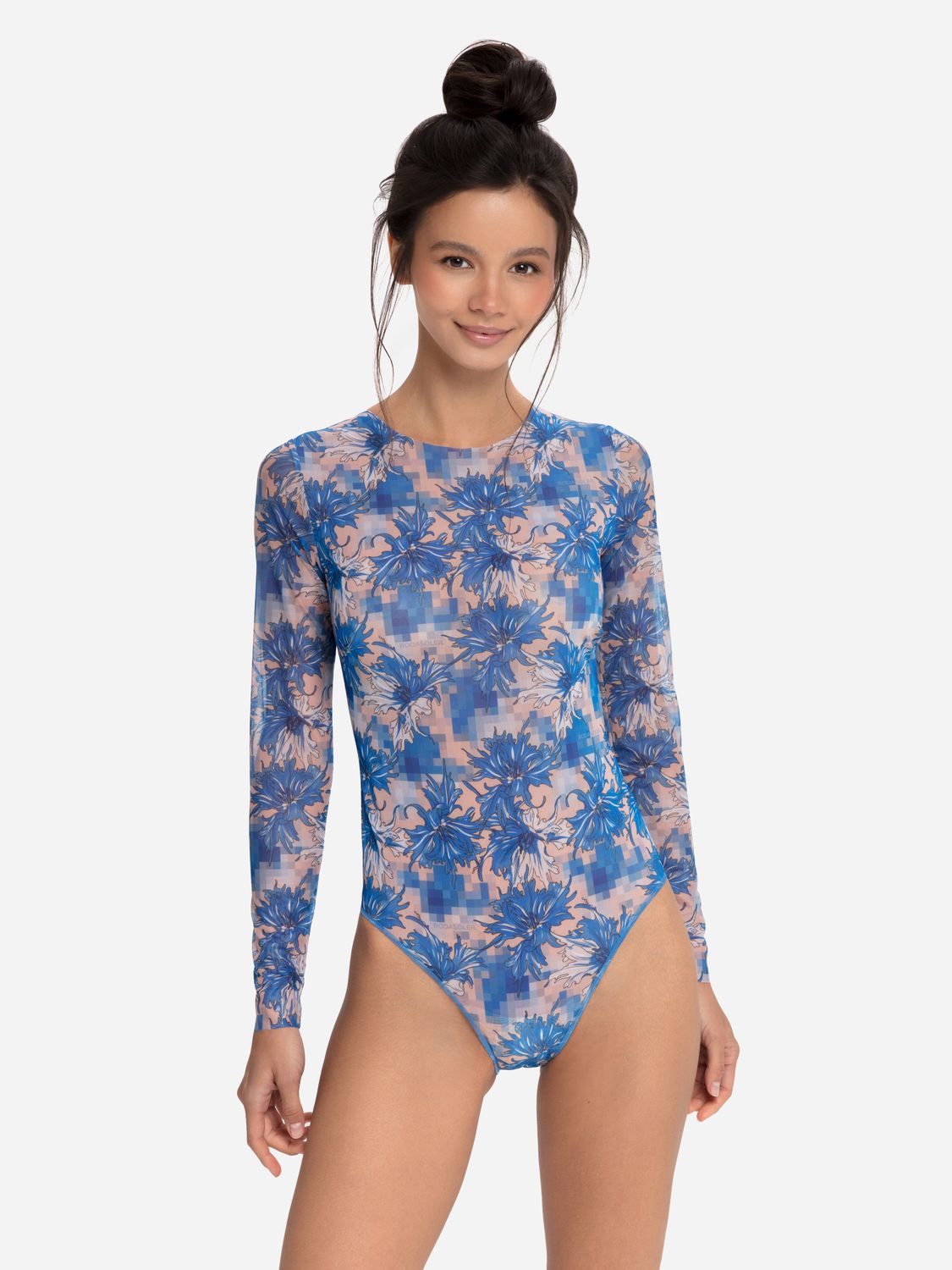 Closed Back One-piece Swimsuit with Sleeves &quot;Cornflowers Pixel&quot;