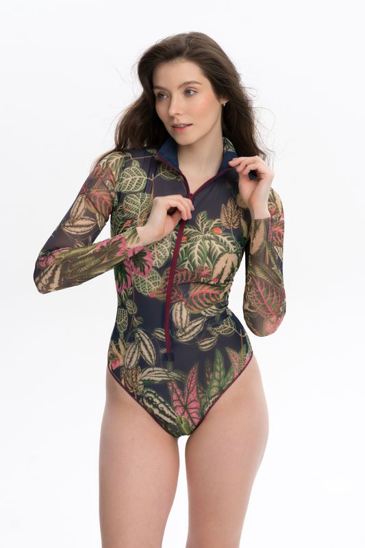 Zipper swimsuit with sleeves "Botanicum"