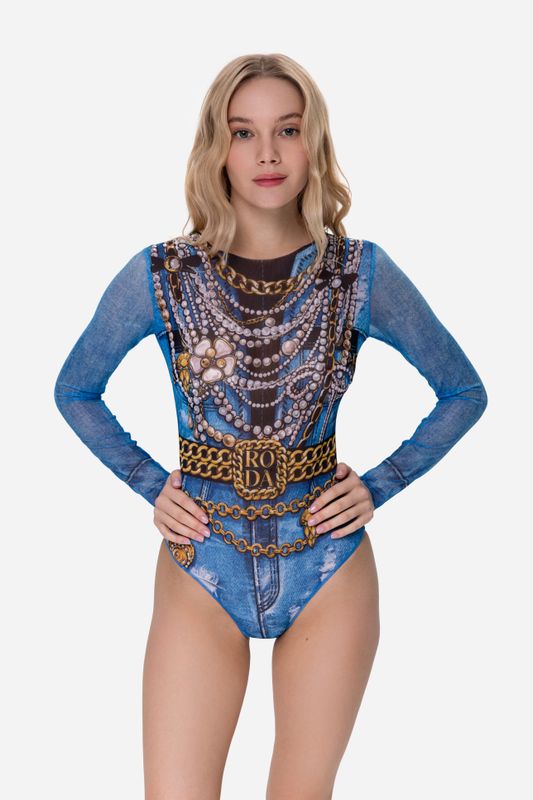 Closed Back One-piece Swimsuit with Sleeves "Jeans"