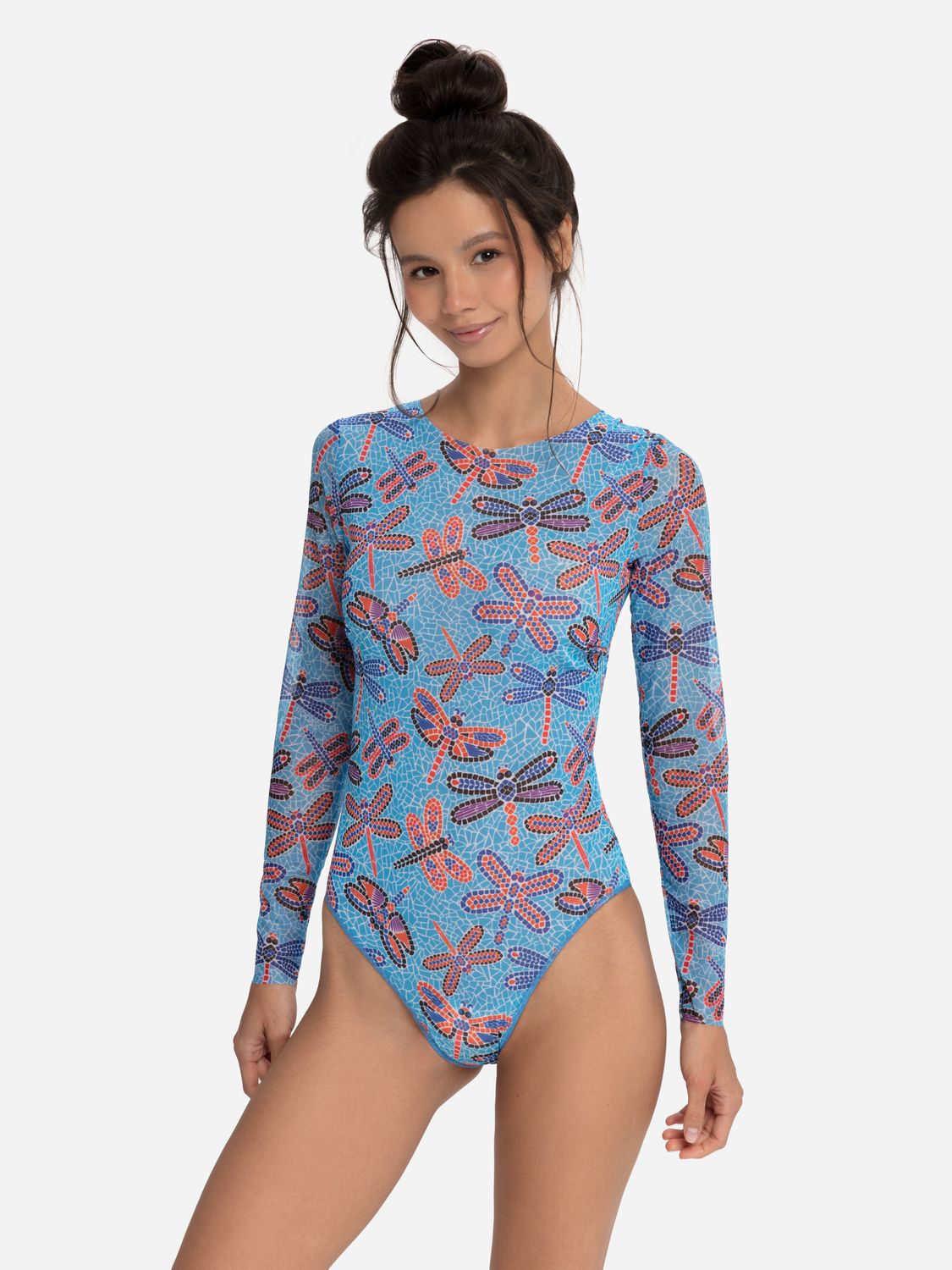 Closed Back One-piece Swimsuit with Sleeves "Dragonflies Mosaic"