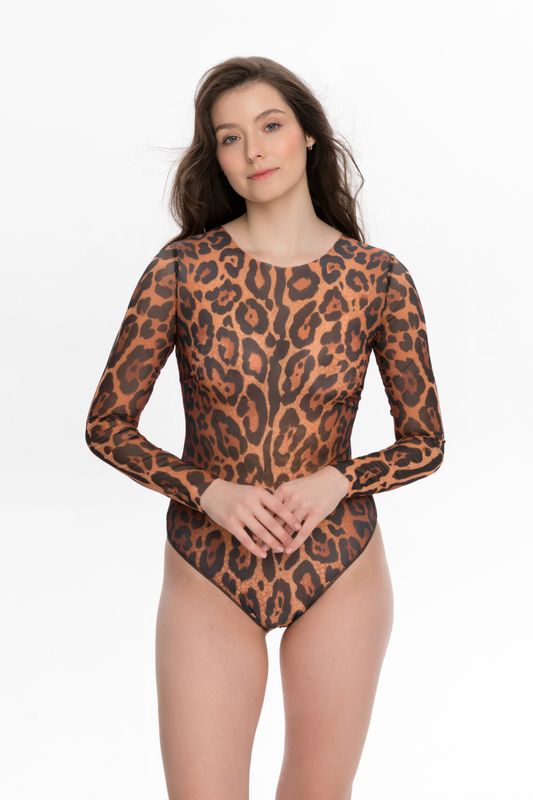 Closed Back One-piece Swimsuit with Sleeves "Leopard 25"