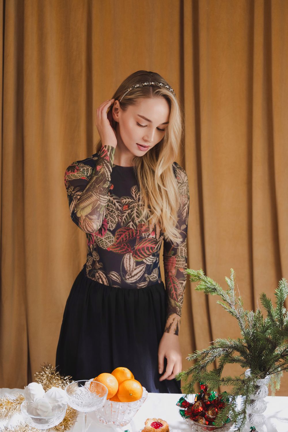 Closed Back One-piece Swimsuit with Sleeves "Botanicum"