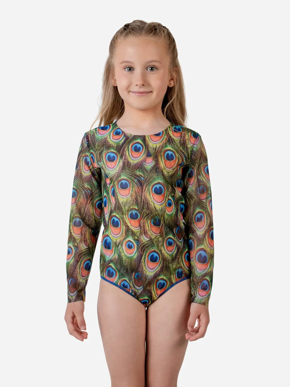 KID's Closed Back One-piece Swimsuit with Sleeves "Peacock Mayura"