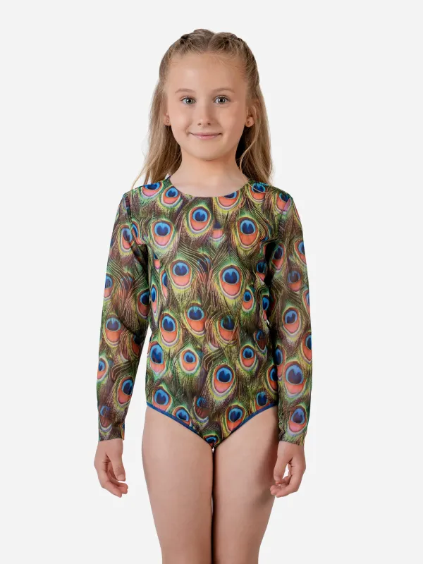 KID's Closed Back One-piece Swimsuit with Sleeves "Peacock Mayura"