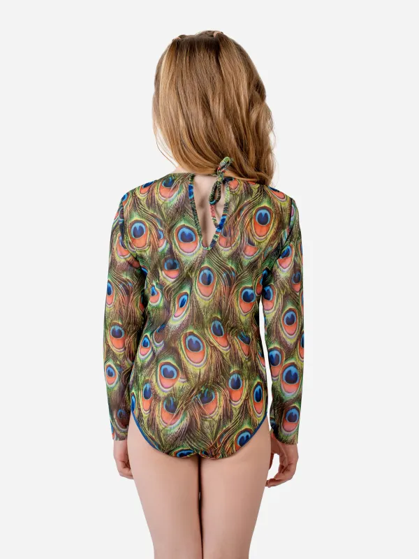 KID's Closed Back One-piece Swimsuit with Sleeves "Peacock Mayura"