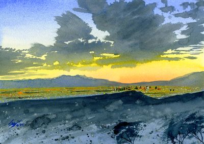 &quot;View from the McCullough Hills Trail at dusk&quot; Original Watercolor