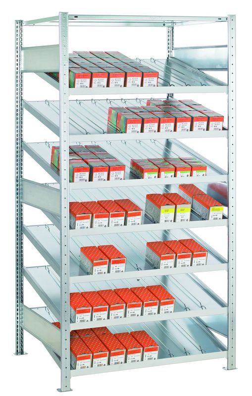 Kanban-Einzelregal Grundregal, mit/ohne Trenn- und Seitenführungen, 7+1 Fachböden