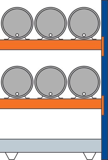 Fassregal Anbauregal, inkl. Bodenwanne, Höhe_mm: 2000 (2 Ebenen), Breite_mm: 1350 (3 Fässer 60 l), Tiefe_mm: 800, Farbe: blau/verzinkt/RAL 2004