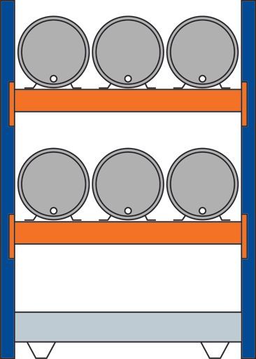 Fassregal Grundregal, inkl. Bodenwanne, Höhe_mm: 2000 (2 Ebenen), Breite_mm: 1350 (3 Fässer 60 l), Tiefe_mm: 800, Farbe: blau/verzinkt/RAL 2004
