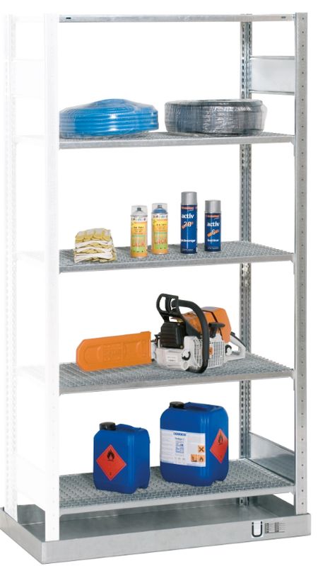 Umwelt-Kleingebinderegal Anbauregal mit Gitterrostböden u. Auffangwanne