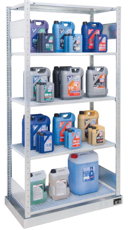 Umwelt-Kleingebinderegal Grundregal mit Gitterrostböden u. Auffangwanne