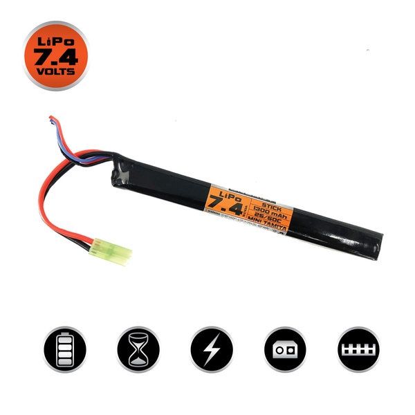 LiPo 7.4v 1300mAh 25C/50C Stick Airsoft Battery (Small Tamiya)