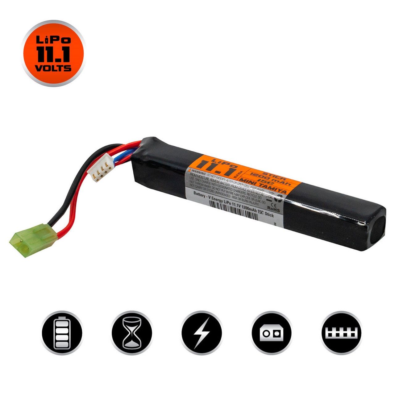 LiPo 11.1v 1200mAh 15C/30C Stick Airsoft Battery (Small Tamiya)