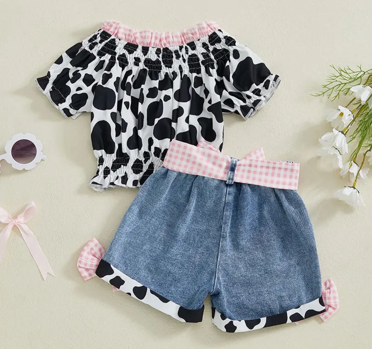 Moo &amp; Me” Gingham Cow Print Denim Short Set