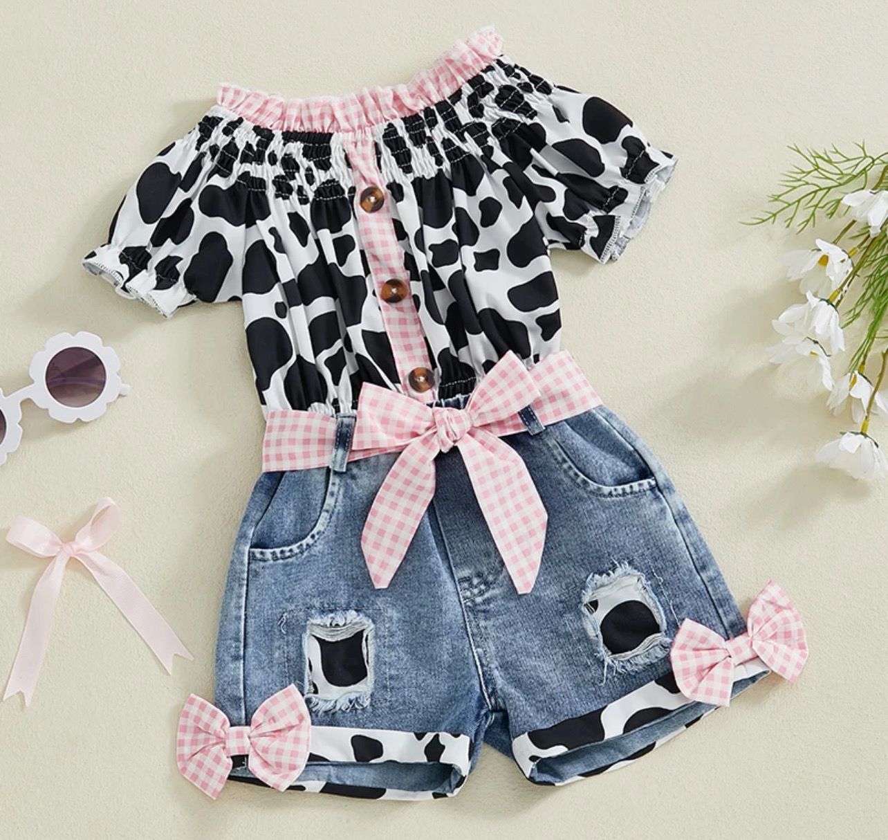 Moo &amp; Me” Gingham Cow Print Denim Short Set