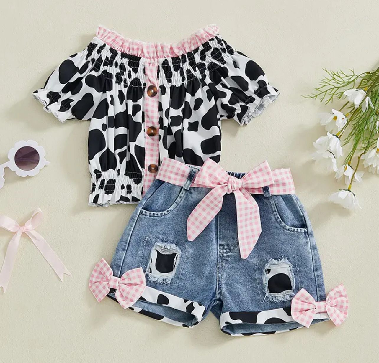 Moo &amp; Me” Gingham Cow Print Denim Short Set