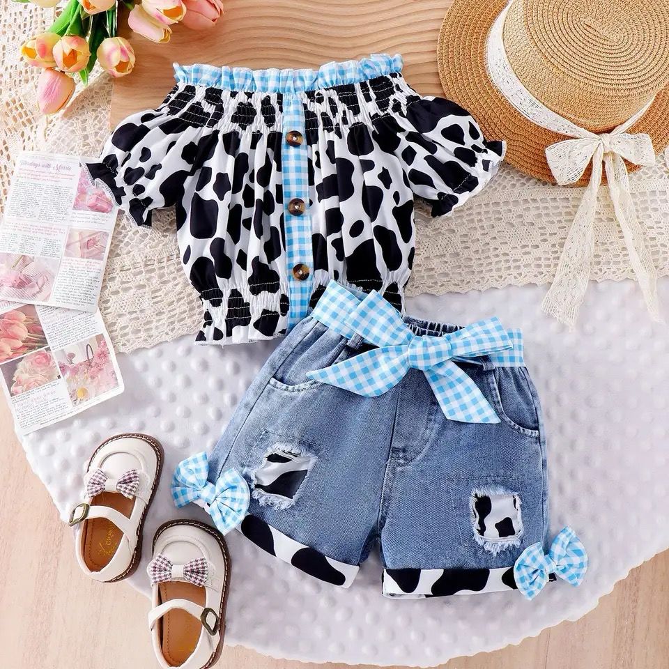 Moo &amp; Me” Gingham Cow Print Denim Short Set