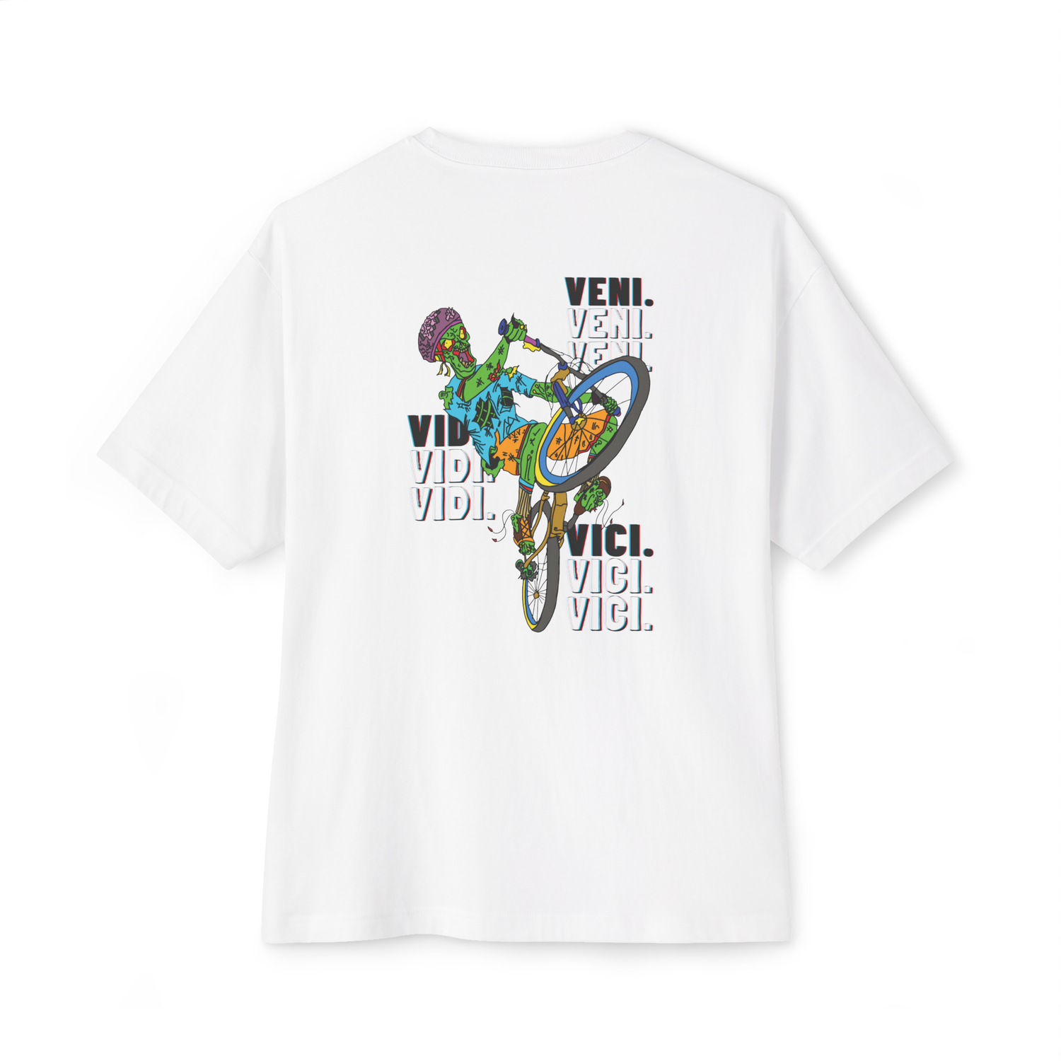 White Oversized Unisex Shirt Back.
A zombie riding a bike with the words Veni Vidi Vici printed on the back.