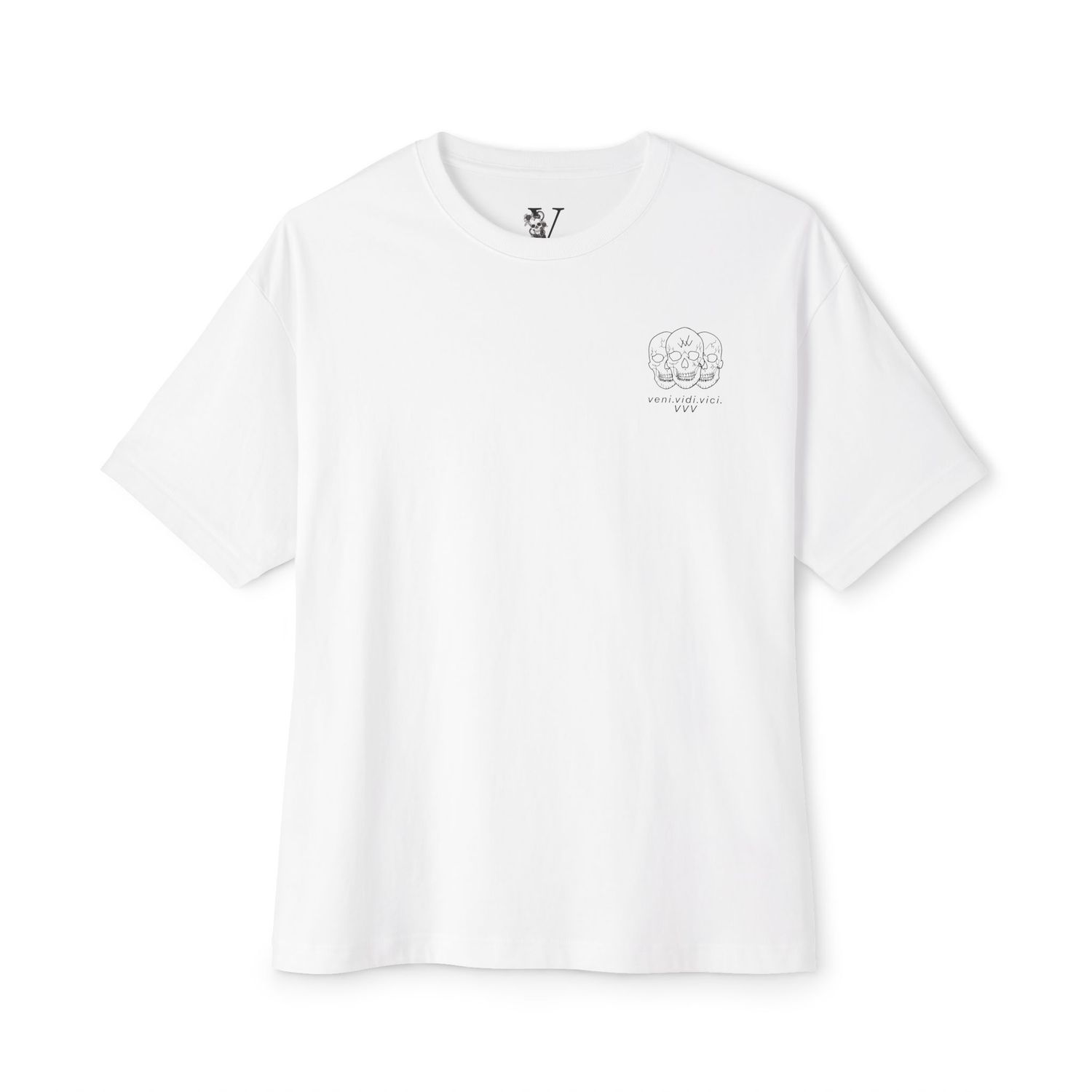 White Oversized Unisex Shirt Front 
3 Skulls logo printed on the left chest with the words" Veni Vidi Vici" printed underneath.

