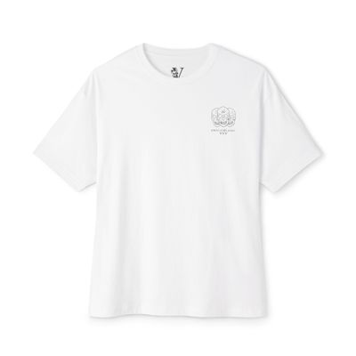 White Oversized Unisex Shirt Front 
3 Skulls logo printed on the left chest with the words" Veni Vidi Vici" printed underneath.
