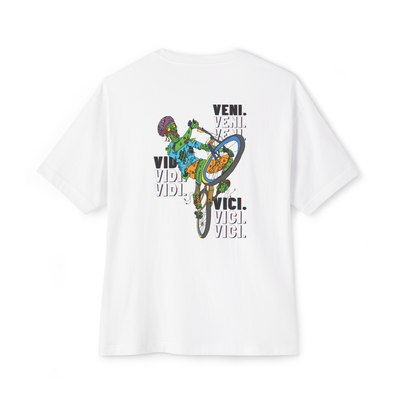 White Oversized Unisex Shirt Back.
A zombie riding a bike with the words Veni Vidi Vici printed on the back.