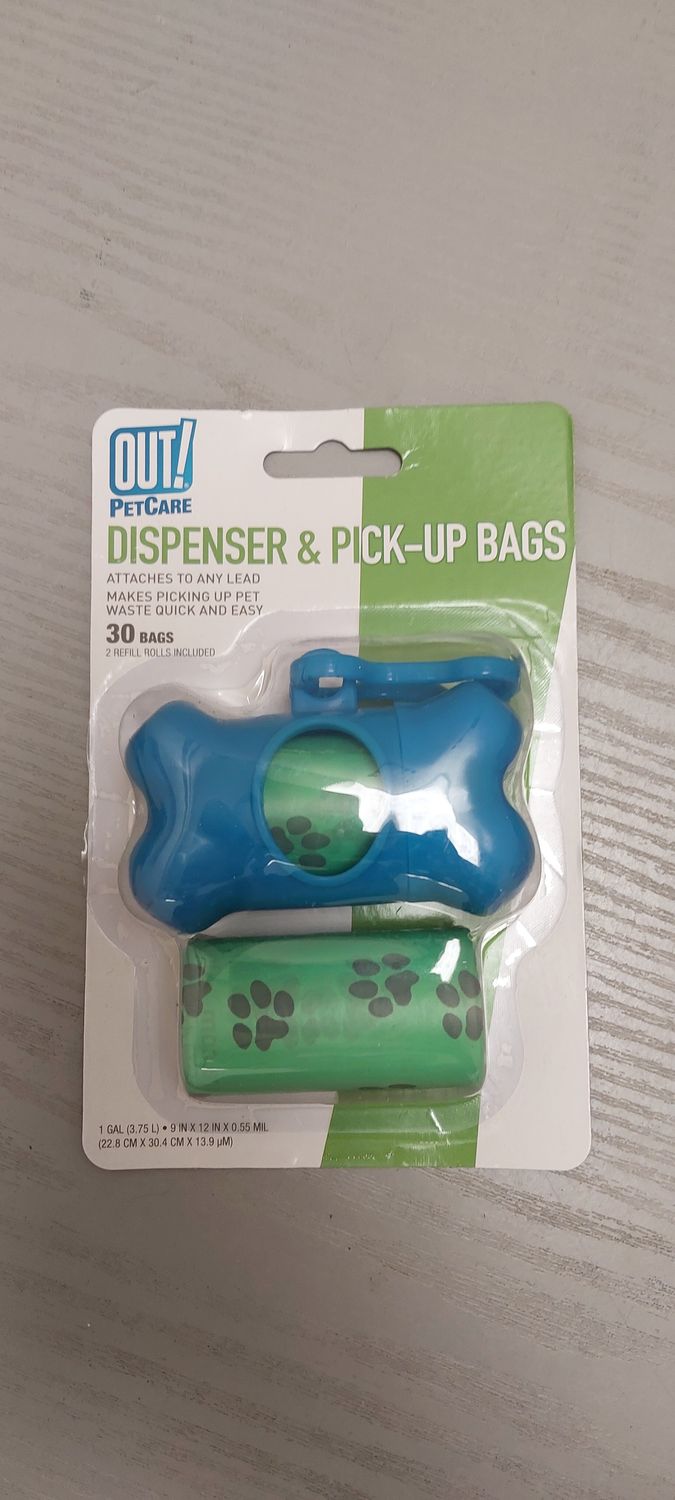 OUT! Blue bone dispenser with 30 waste pick up bags clip strip