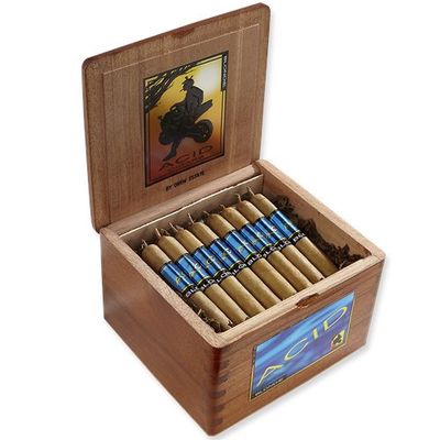 ACID Blondie cigars by Drew Estate presented in an open cedar box of 40.