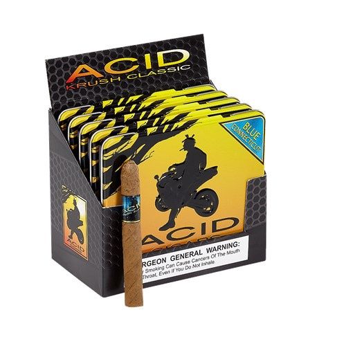 ACID Krush Classic Blue Connecticut cigars by Drew Estate in a bright blue tin of 10.