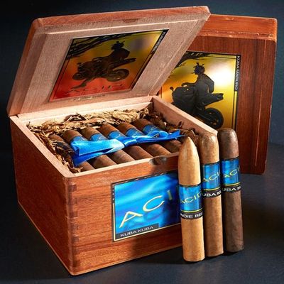 ACID Kuba Kuba cigars by Drew Estate displayed in an open cedar box with vibrant blue bands.