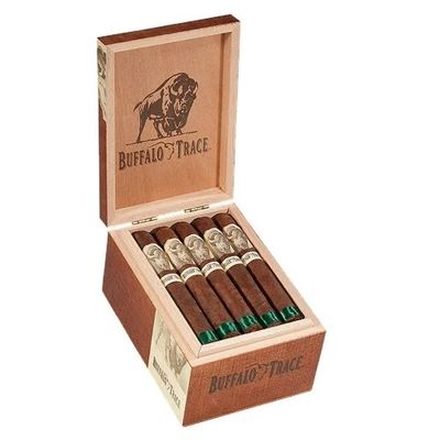 Buffalo Trace cigars in a rustic wood box featuring the iconic buffalo branding.