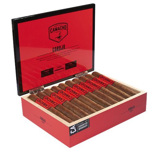 Camacho Corojo Toro cigars in a bold red box with a high-gloss lid.