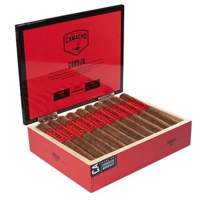 Camacho Corojo Toro cigars in a bold red box with a high-gloss lid.