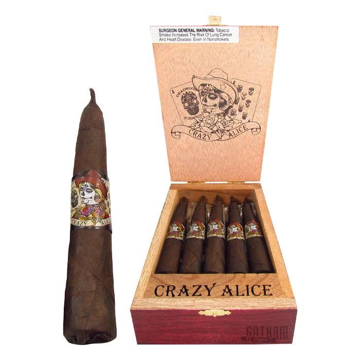 Crazy Alice cigars by Deadwood Tobacco Co. presented in a small cedar box.